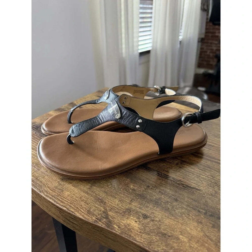 Michael Kors Women's MK Silver Plate Flat Leather Thong Sandals Black size 9M